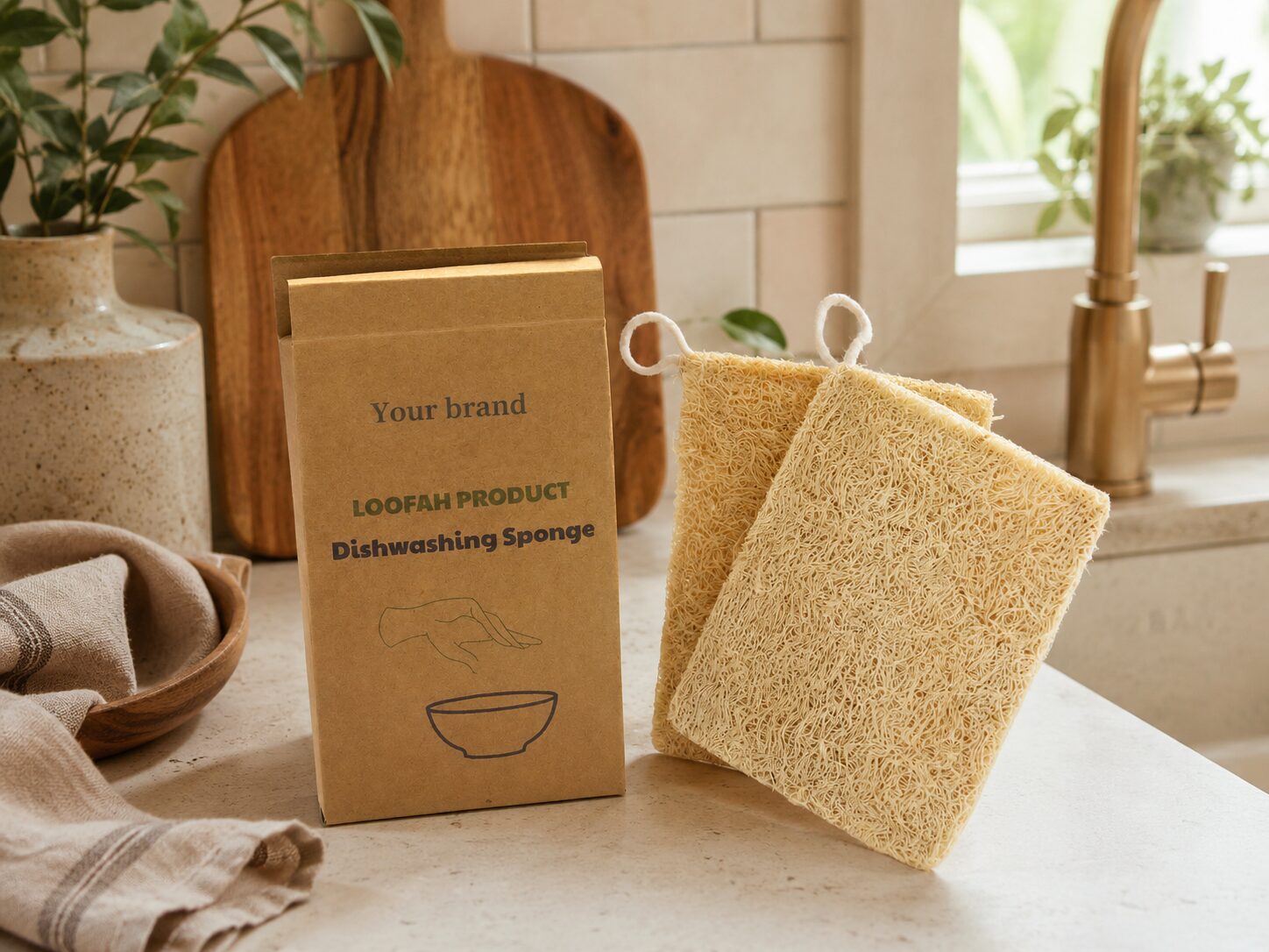 Private-label kraft packaging mockup for a natural loofah dishwashing sponge, shown with a placeholder brand name