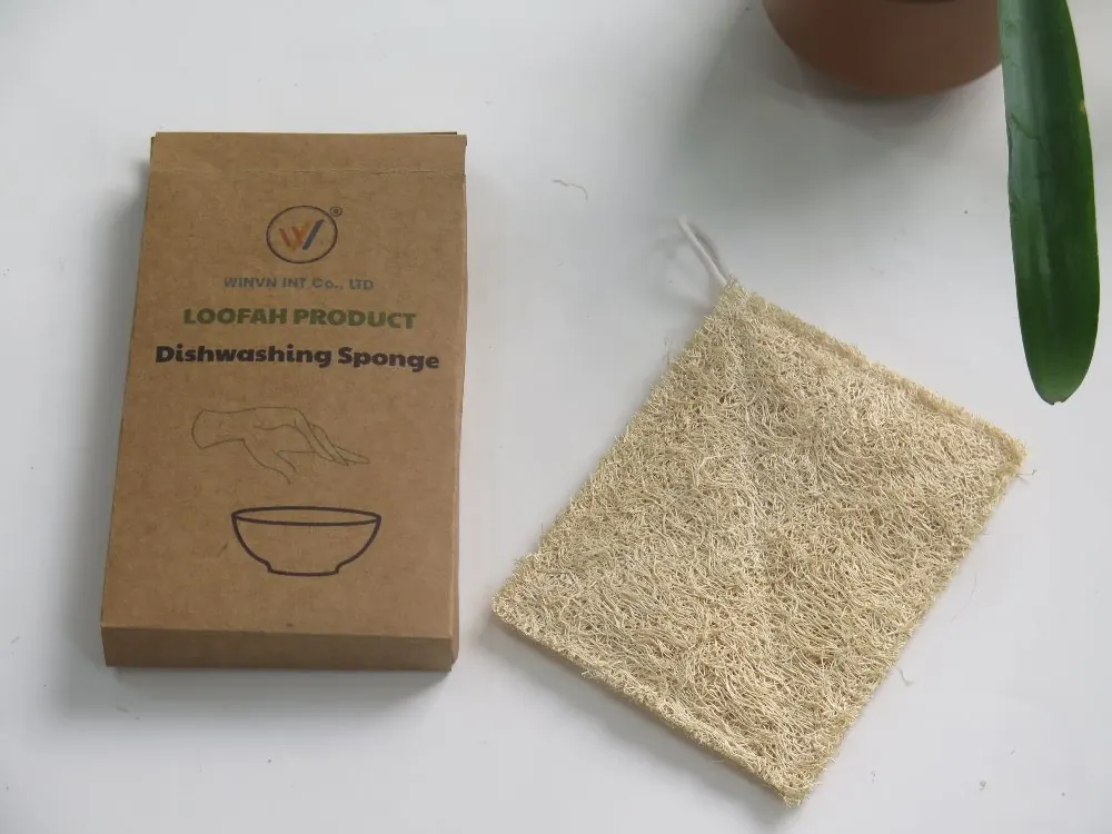 Kraft retail packaging with a natural loofah dishwashing sponge, ready for FBA prep