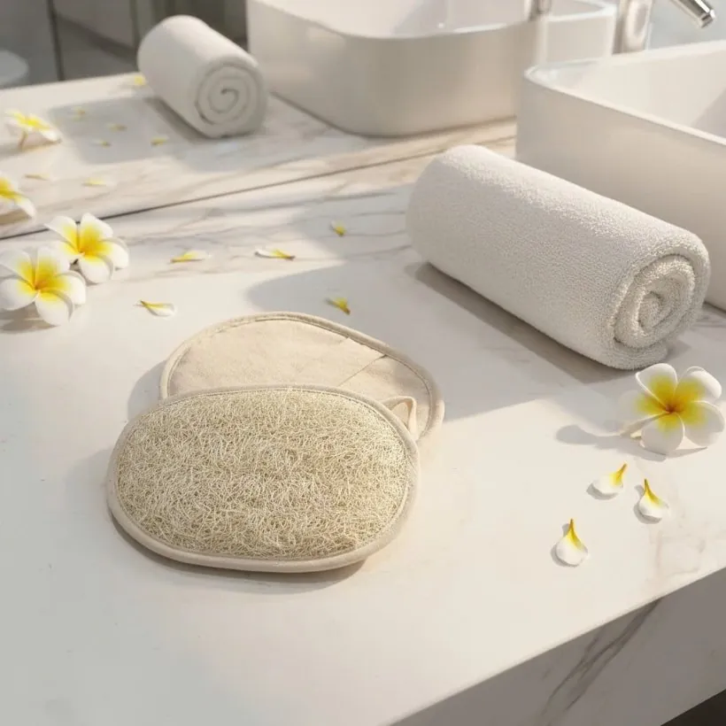 Oval natural loofah bath scrubber pad