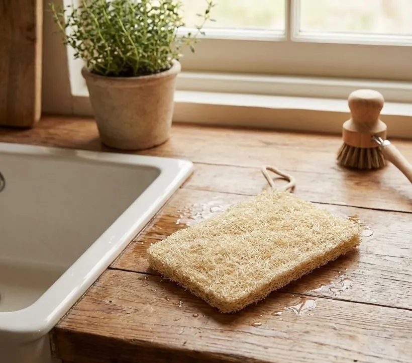 Rectangular natural loofah kitchen sponge shaped for dishwashing use