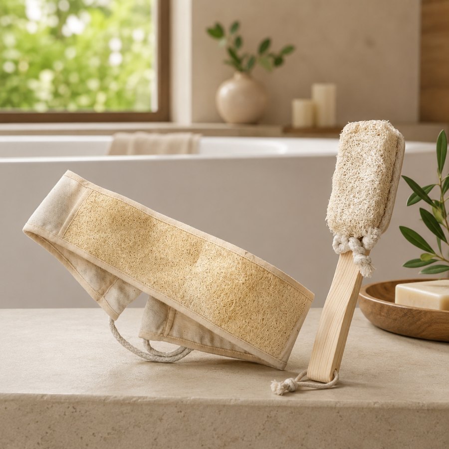 Loofah back scrubber belt and brush in a spa bathroom setting