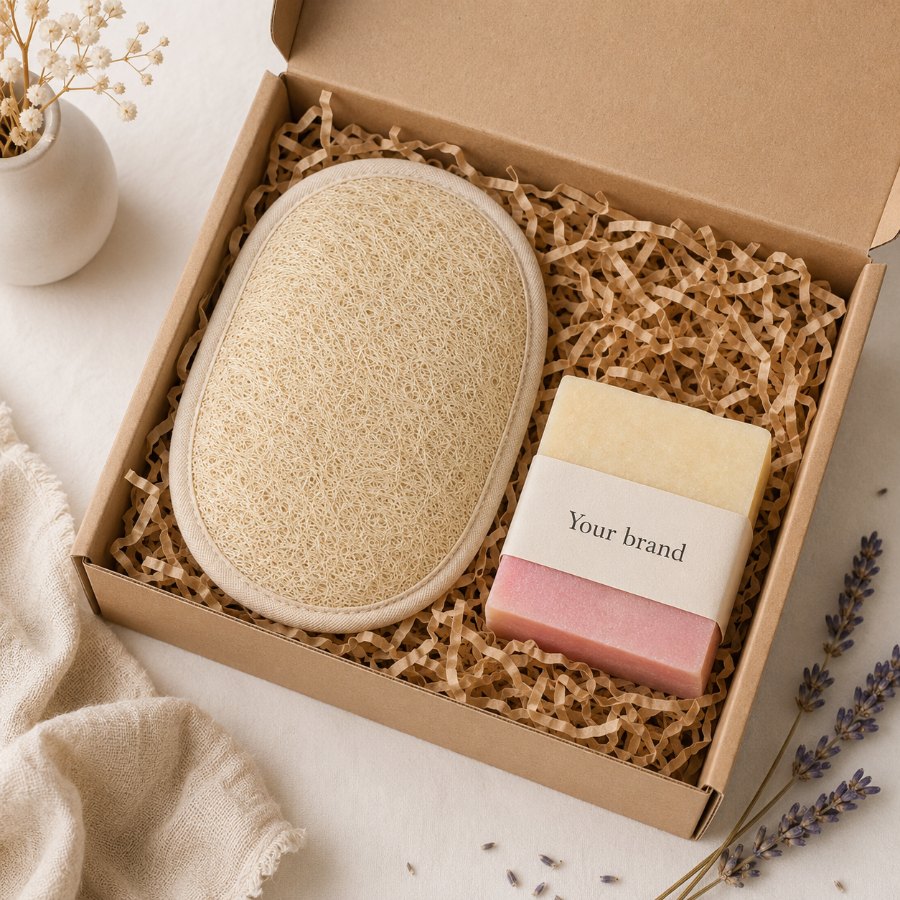 Soap and loofah scrubber gift set in a kraft box