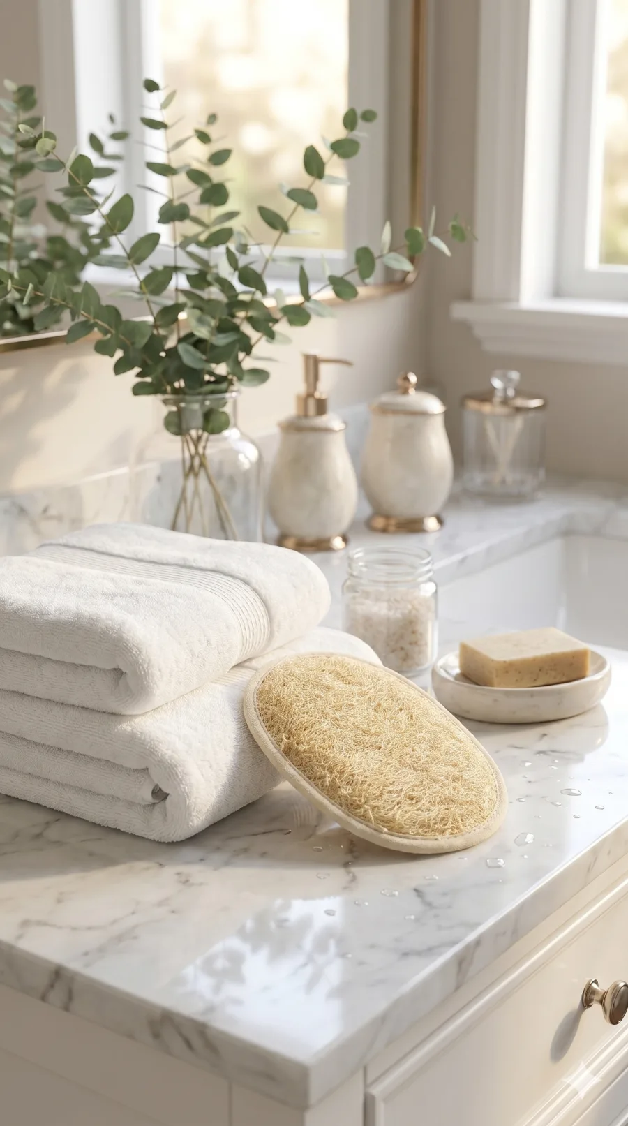 Natural loofah pad on a marble bathroom counter with folded towels