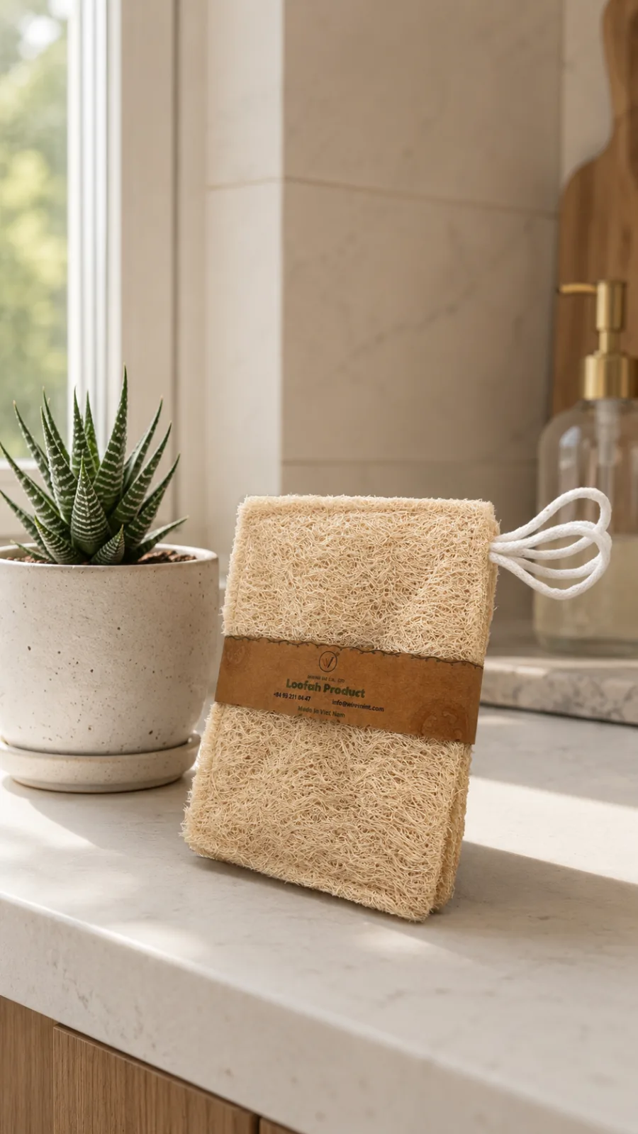 WINVN natural loofah product on a kitchen counter beside a potted plant
